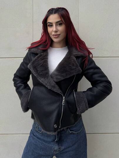 Bearsaez 女式黑色 PU 皮革复合仿兔毛领夹克