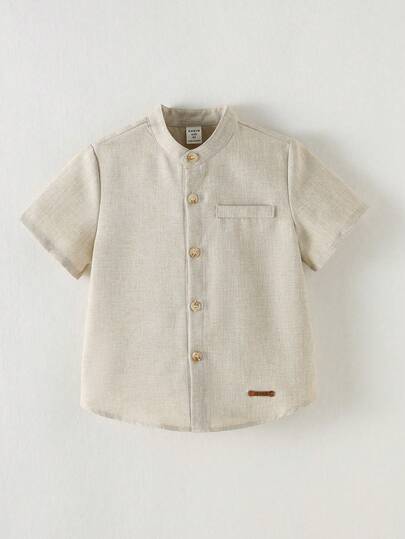 SHEIN 儿童/男童休闲日常舒适立领开襟短袖纯色宽松梭织衬衫