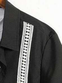 Manfinity Homme Plus Size Men's Summer Casual Patchwork Tape Front Button Short Sleeve Shirt - Black - View 4
