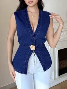 Modelyn Áo vest denim nữ cổ chữ V sâu, họa tiết hoa, cài một nút, thời trang, đa năng, thích hợp cho du lịch. - Rửa trung bình - Xem 10