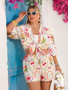 Vivid Eden Conjunto de 2 piezas de camisa tipo kimono y pantalones cortos con estampado de hojas azules para mujer de talla grande para el verano - Multicolor - Ver 7