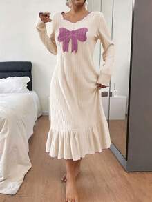 Dream Adore Women's Bow Embroidery Patchwork Ruffle Hem Comfortable Knit Nightgown - Pink - View 4