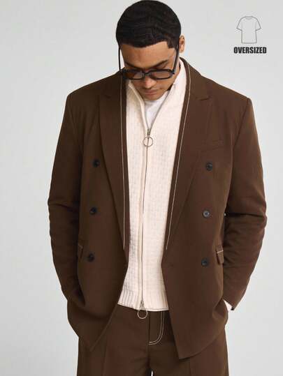 Musero Oversized Double Breasted Contrast Stitch Tailored Blazer Co Ord Top Only Suits And Tailoring Autumn Winter Smartwear