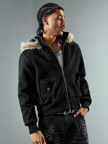 ROMWE MEN Street Life 男士抓绒领开衫外套 - 黑色 - 查看 3