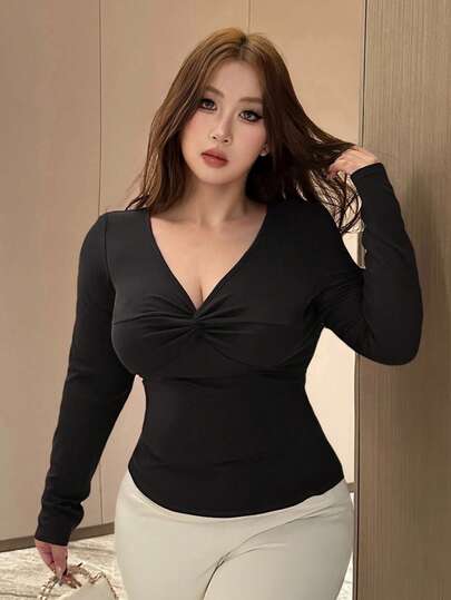 Dazy Plus Burgundy Bodycon Short Long Sleeve T-Shirt, Plus Size Women, Spring & Autumn