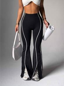 Dewbera Women's Seamless Contrast Trim Split Hem Sports Pants Boot Cut Yoga Pants Flare Yoga Pants Women Flare Leggings Flare Workout Pants Flared Leggings Black And White Work Out Pants - Black - View 1