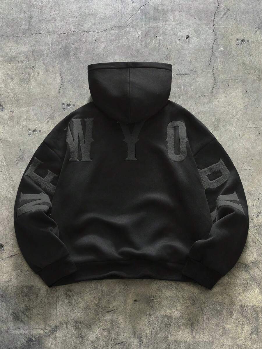 AXEPEAK Men's Autumn And Winter Hooded Sweatshirt Fashion Letter Towel Embroidery Loose Version Top - Black - View 1