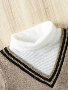 SHEIN Baby Boys V-Neck 2 In 1 Knitted Sweater, High Collar Knit Pullover For Autumn/Winter - Mocha Brown - View 6