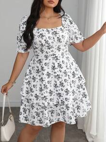 Elenzga Plus Size Boho Floral Print Square Neck Short Sleeve A Line Mini Dress For Summer - Grey - View 5