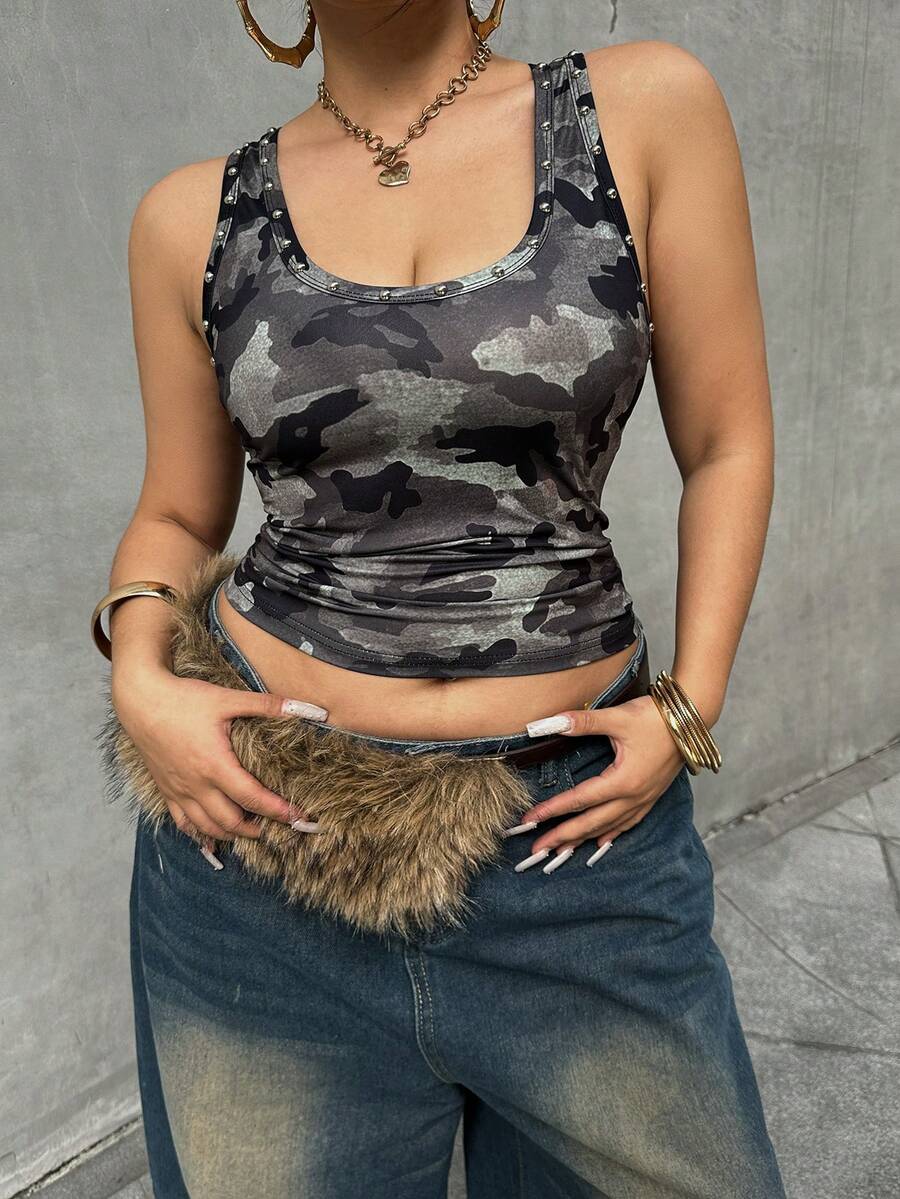 POPSWAY Rivet Camouflage Tank Top, Versatile Slim-Fit Casual All-Match Layering, Autumn/Winter - Green - View 1