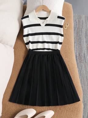 2pcs/Set Girls Striped Collar Sleeveless Sweater & Pleated Skirt, V-Neck Short Sleeve Cropped Sweater And Pleated Skirt, Casual School Style, Versatile For Spring & Summer Cute Dress School Dress Cute School Clothes Uniform Cute Clothes