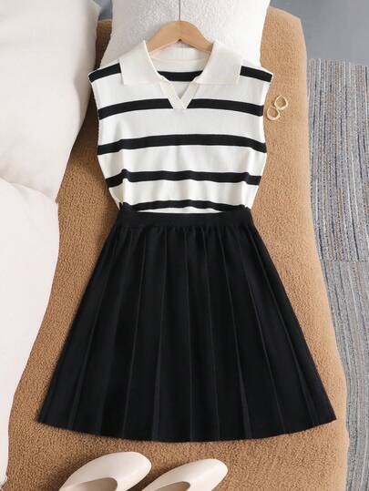 2pcs/Set Girls Striped Collar Sleeveless Sweater & Pleated Skirt, V-Neck Short Sleeve Cropped Sweater And Pleated Skirt, Casual School Style, Versatile For Spring & Summer Cute Dress School Dress Cute School Clothes Uniform Cute Clothes