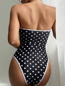 Swim Chiccia 女士可拆卸肩带波点印花连体泳衣，优雅简约设计，舒适透气，花卉装饰，适合派对、夏季度假和游泳。 - 黑與白 - 查看 3