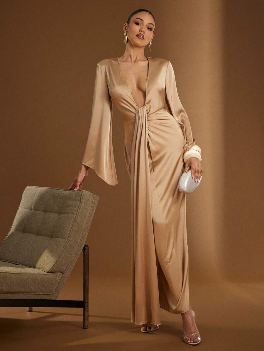 Hauture 女士低领长袖金色香槟色缎面长裙 - 棕色 - 查看 1
