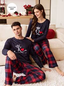 CoupledUp Conjunto de pijama a cuadros con eslogan en forma de corazón para parejas, pijama para hombres, conjunto de pijama, ropa de dormir, conjunto de pijamas a juego para parejas - Multicolor - Ver 5