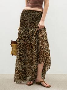 ATUI Studio 女式秋季优雅简约复古西部棕色米色雪纺豹纹狂欢长裙，波西米亚风女装，西部女装，狂欢节服装，西部女装