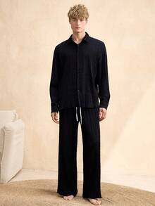 EverLounge Conjunto de pijama de pantalón y parte superior con cuello elegante y cómodo para hombres, ropa de estar en casa de otoño - Negro - Ver 3