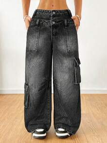 SHEIN 少女休闲水洗低腰阔腿工装牛仔裤 - 黑色 - 查看 4