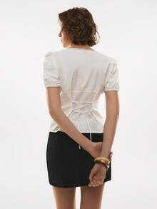 Poéselle 女士优雅白色蕾丝边棉质衬衫，白色棉质休闲衬衫，情人节、度假、春夏皆宜，方领衬衫 - 白色 - 查看 10