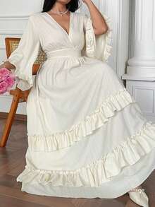 Vibekara Plus Size V-Neck 3/4 Flare Sleeve Ruffle Trim Elegant Vintage Casual Cute Vacation Dress - Apricot - View 6