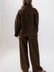 Aralina 经典纽扣式落肩休闲牛仔夹克 - 巧克力棕 - 查看 2