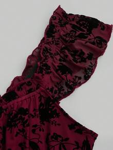 Sweetra Gothic Style Women Top, Floral Flocked Fabric, Ruffle Trim - Burgundy - View 8