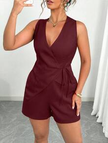 Elenzga Bộ đồ 2 mảnh cỡ lớn màu đỏ kiểu vintage gồm áo không tay bất đối xứng buộc dây và quần short. - Màu Đỏ Sâu - Xem 3