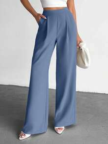 EURMUSE Fashionable Versatile High Waist Wide Leg Solid Color Pants - Dusty Blue - View 5