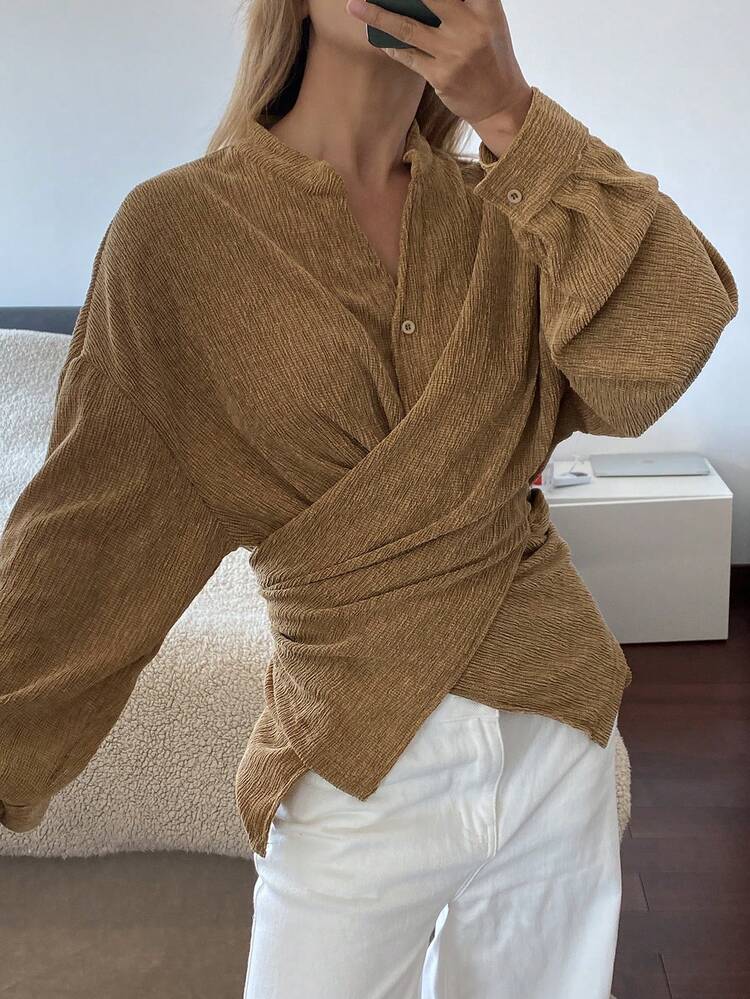 Women's V-Neck Textured Fabric Wrap-Around Back Button-Up Casual Elegant Cardigan T-Shirt Long Sleeve