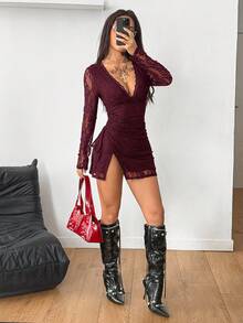 Coolane Women's Summer Vacation Outfits  Hippie Y2K Party Grunge Punk V-Neck Lace Long Sleeve Elegant Mini Red Dresses - Red - View 5