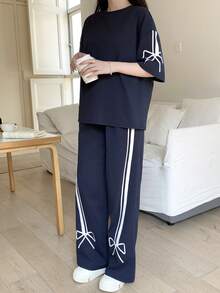 SHEIN 少女海军蓝针织纯色拼接丝带蝴蝶结设计宽松阔腿运动裤休闲运动套装 - 寶藍色 - 查看 4