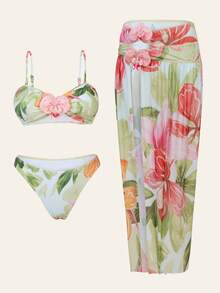 Swim Oasis 3pcs/Set Random Floral Print Removable Strap Bikini Set With Skirt, Elegant & Sexy Adult Beach Party Christmas Swimsuit - Multicolor - View 4