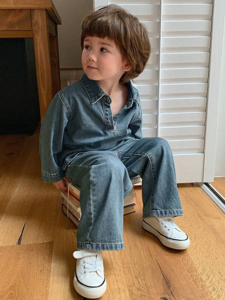 2pcs Toddler Boys' V-Neck Loose Casual Long Sleeve Denim Shirt And Denim Pants Set