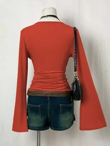 SHEIN Unity Women's Casual Solid Color Ruched Waist Long Sleeve T-Shirt - Orange - View 2