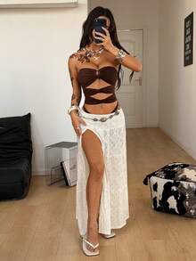 Coolane Completo da donna per la primavera, adatto per tutte le stagioni, per concerti, streetwear in stile Y2K, uscite, festival, vacanze, uso quotidiano, essenziale minimalista, stile old money, comodo e con laccetti, top a bustier marrone con taglio frontale - Castano - Visualizzare 5