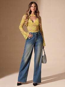 SHEIN BAE 黑色纯色性感简约优雅薄纱蕾丝金属装饰方领长袖连体衣，适合鸡尾酒会、浪漫约会、秋冬季内搭、派对、正式聚会、夜间外出、婚礼宾客、万圣节、圣诞节等场合。 - 黃色 - 查看 3