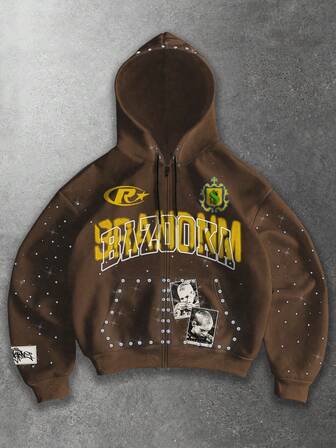 Street Life بلوزة هوديي رجالية كاجوال بسحاب وسير خصر مطبوع عليها حرف وحجارة راين ستون