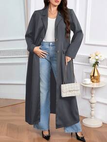 Modelyn 大码休闲百搭纯色长外套 - 深灰色 - 查看 5