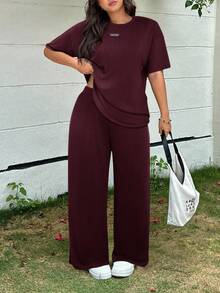 Muchica 2pcs Plus Size Women Casual Letter Print Short Sleeve T-Shirt And Pants Set, Spring/Summer Wide Leg Pants Set Modest Two Piece Set Pants Two Piece Set - Rusty Rose - View 5