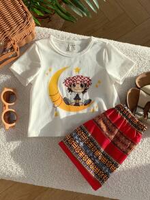SHEIN Set de 2 piezas de camiseta de manga corta blanca con estampado lindo de niño y pantalones de linterna a rayas retro para bebé niño, patrón floral tradicional casual y versátil, adecuado para primavera/verano, festivales y celebraciones - Burdeos - Ver 8