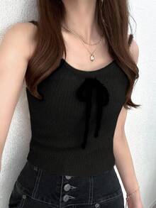 FRIFUL Women's Apricot Solid Color Inner Pocket Sleeveless Jacket, Long Sleeve Contrast Color Drawstring Bow Knit Sweater 2-Piece Set, Autumn - Black - View 6