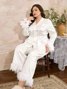 Côtesoire Bộ đồ ngủ cỡ lớn sang trọng kiểu Pháp, chất liệu giả lụa, họa tiết hoa hồng, đính lông vũ. - trắng - Xem 3