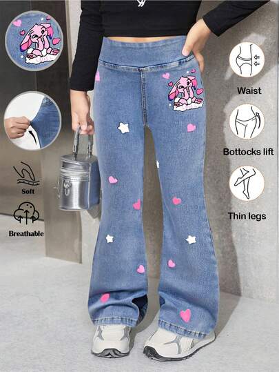 SHEIN Young Girls Pink Cartoon Rabbit & Heart Print Blue Elastic Skinny Flare Jeans,Spring Outfits, Summer Outfits,Casual And Fashionable Vacation Outfits,Street Wear,2000s Style  ,Comfortable And Soft Denim,Tight Leggings,Young Girls Denim Bell Bottom