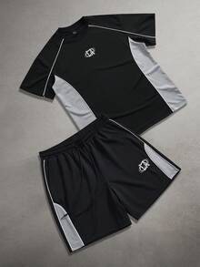 Manfinity Hypemode Men's Letter Print Round Neck Short Sleeve T-Shirt And Drawstring Shorts 2 Pieces Set,Black Summer Streetwear Gym Athletic Sport Casual Suit - Black - View 1