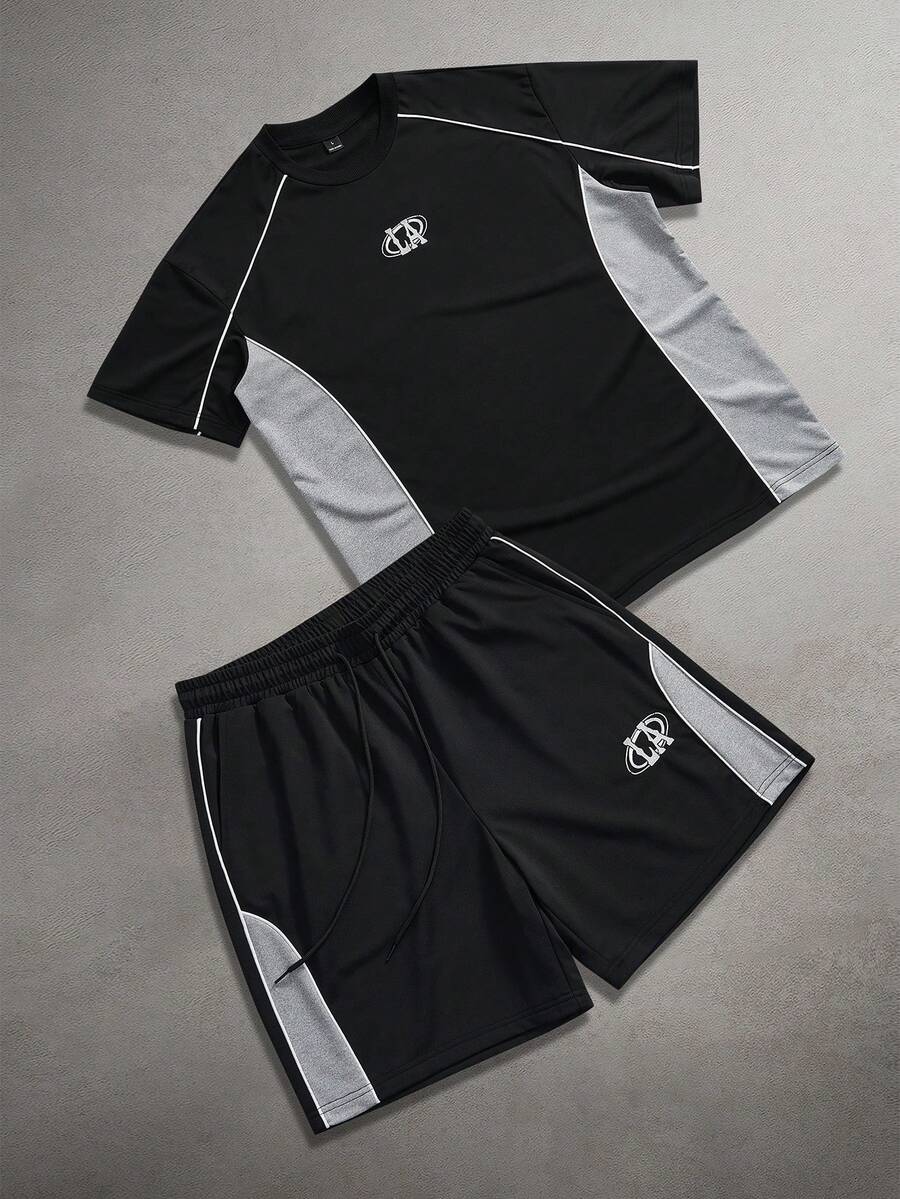 Manfinity Hypemode Men's Letter Print Round Neck Short Sleeve T-Shirt And Drawstring Shorts 2 Pieces Set,Black Summer Streetwear Gym Athletic Sport Casual Suit - Black - View 1