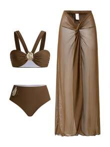 Swim Oasis 3件套女士夏季度假优雅高端金属棕色扭纹紧身迷你裙套装 - 棕色 - 查看 1