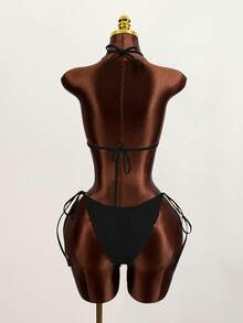 Bonvoyette 3件套女士纯色纹理面料系带比基尼套装 - 黑色 - 查看 7