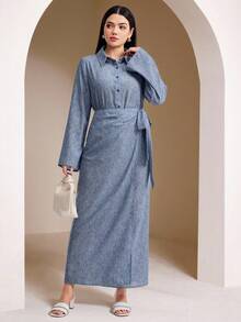 Veilorie 2pcs Women's Arabic Style Outfit (Long Sleeve Top And Skirt Set) - Blue - View 2