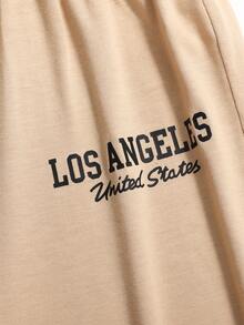 Girlism 2 pièces/Set T-shirt ample à col rond imprimé de lettres kaki et pantalon large en tricot pour adolescentes. Tenue décontractée de style sportif et de rue, confortable.