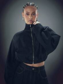 Denimoi High Neck Zip Front Barrel Sleeve Cinched Waist Denim Jacket Denim Cropped Jacket Fashion Denim - Dark Wash - View 4